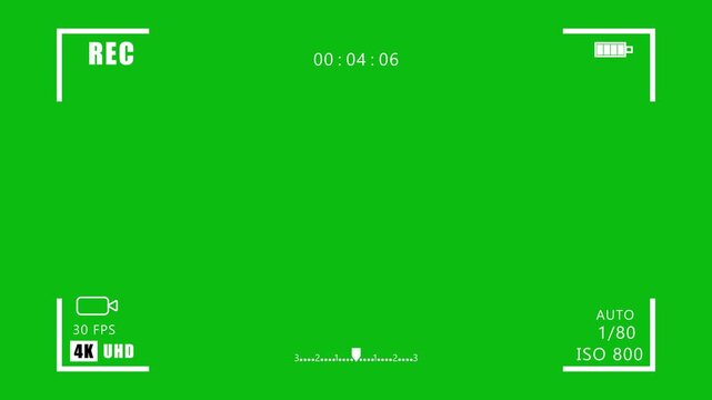4 k camera recording interface overlay with green screen background, for editing and, compositing camera interface