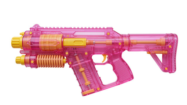 Pink transparent plastic toy water gun with orange and yellow accents, isolated on transparent background