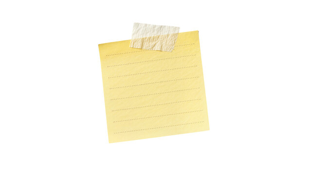Yellow lined sticky note with textured tape, isolated on transparent background