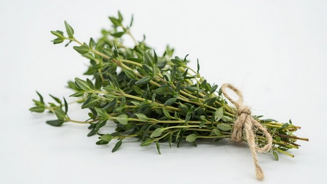 Fresh green thyme herb bunch tied with rustic twine string on white surface culinary seasoning aromatic