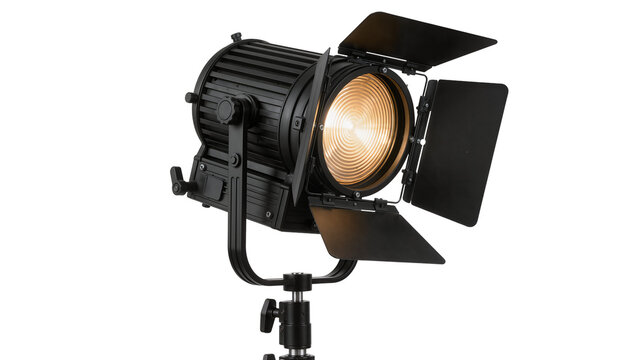 Black professional film spotlight with adjustable barn doors, isolated on transparent background