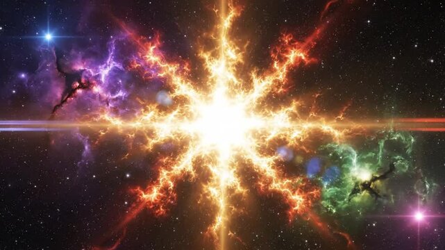 Epic explosion burst of energy from a bright light source in deep space universe with colorful nebulas