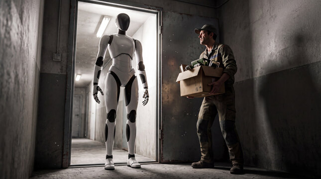 Encounter at the Threshold: A humanoid robot stands in a doorway, while a soldier carrying a cardboard box approaches, creating a scene of potential futuristic interaction and unknown future