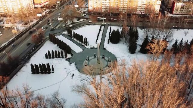 Top-down view of the stele against the snow