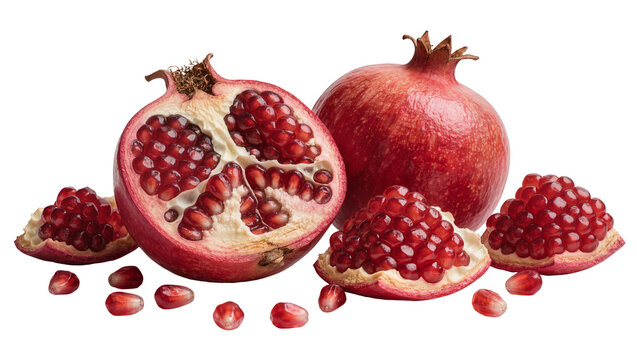 Whole and halved ripe pomegranates with scattered arils, isolated on transparent background