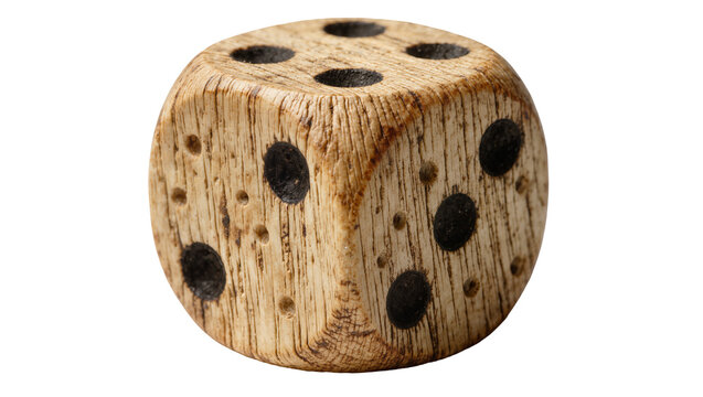 Rustic wooden die with black pips showing five and four, isolated on transparent background