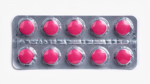 Blister pack with bright red round pills on a white background medicine pharmaceutical medication treatment