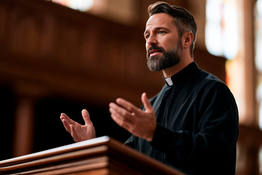 Man priest standing at wooden pulpit giving sermon to church congregation. Speaker gesturing while preaching to audience in religious place. Faith, spirituality and community gathering
