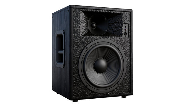 Black textured professional audio speaker with large woofer, isolated on transparent background