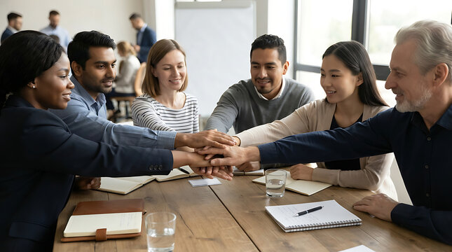 Diverse business team stacking hands together in a bright modern office