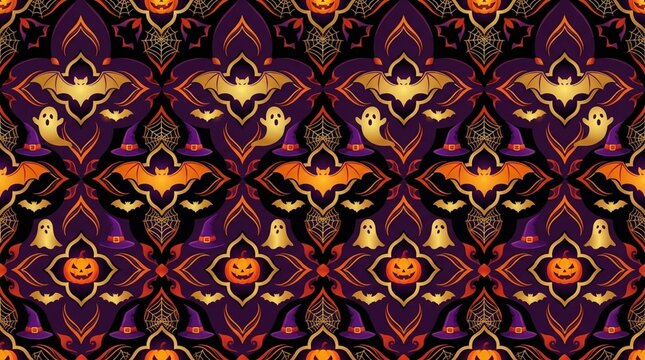 Seamless decorative Halloween pattern featuring bats, cute ghosts, jack-o'-lantern pumpkins, witch hats, spider webs and ornate gothic motifs in rich purple, orange, gold and black tones. Perfect for 