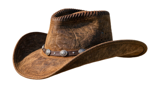 Brown distressed leather cowboy hat with decorative silver conchos, isolated on transparent background