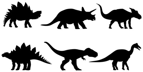 Dinosaur Silhouettes Collection, Prehistoric Reptile Icons, Jurassic Era Creatures, Mesozoic Wildlife Vector Graphics, Ancient Animal Shapes for Educational and Design Projects © MD