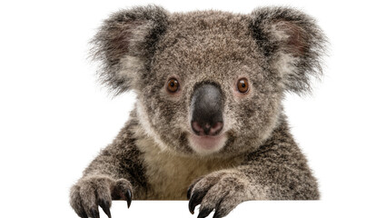 Fluffy koala bear peeking over a white surface, isolated on transparent background © Denis