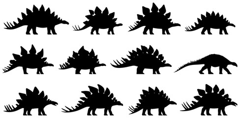 Stegosaurus Silhouette Collection, Dinosaur Vector Icons, Prehistoric Reptile Graphics, Jurassic Era Wildlife Illustrations, Black and White Animal Shapes © MD