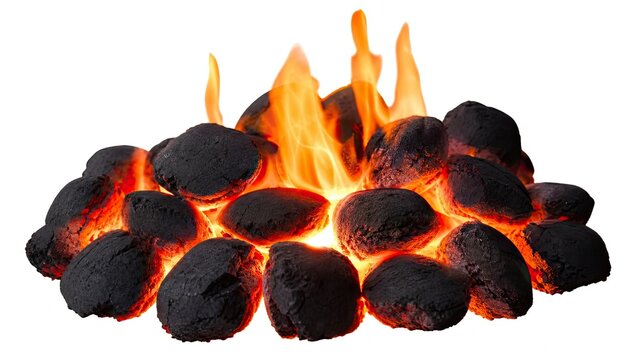 Burning charcoal briquettes with orange flames on white background are perfect for barbecue grilling concepts outdoor cooking advertisements and summer events.