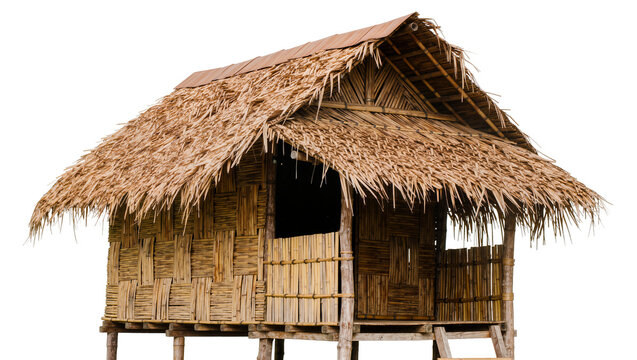 Traditional bamboo hut with thatched roof, isolated on transparent background