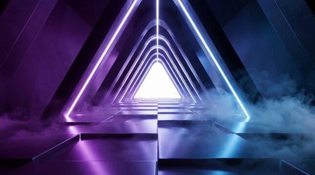 Triangle tunnel gateway with blue and purple neon lights glowing through thick volumetric haze effect.
