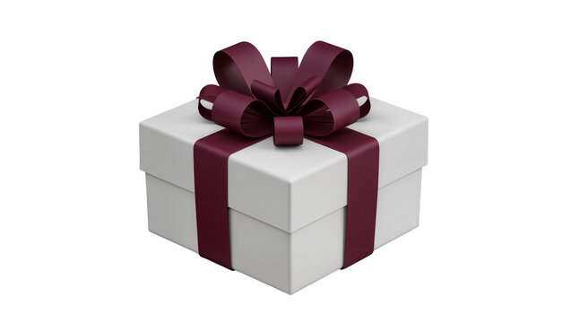 White gift box with burgundy ribbon and bow, isolated on transparent background
