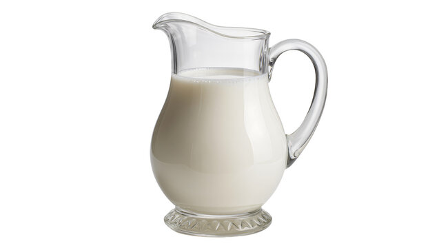 Clear glass pitcher filled with white milk, isolated on transparent background