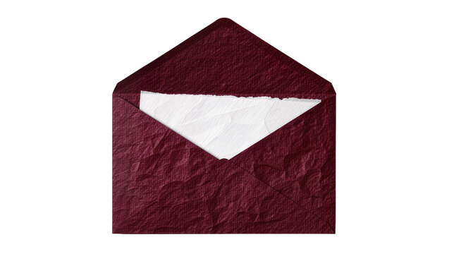 Textured burgundy envelope with white paper insert, isolated on transparent background