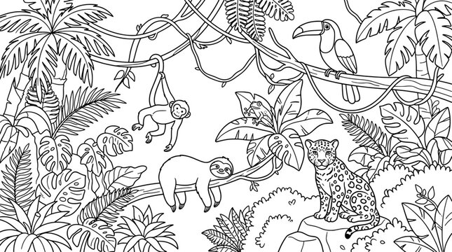 Jungle landscape coloring page for kids with tropical animals, monkey, sloth, jaguar, toucan and frog in rainforest environment