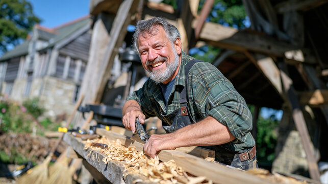 Elderly broom maker diagnoses a pressure inconsistency in a timber frame board press during early morning mist at a rural mill, fresh wood shavings curling across the stone floor, tools arranged in 