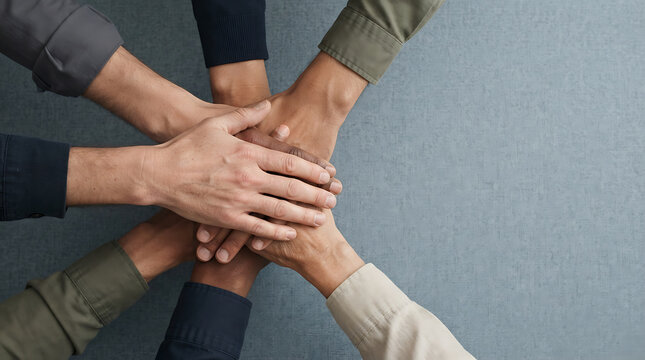 Group of diverse people stacking hands together for unity and teamwork