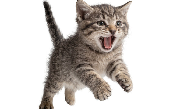 Tabby kitten with open mouth jumping, isolated on transparent background