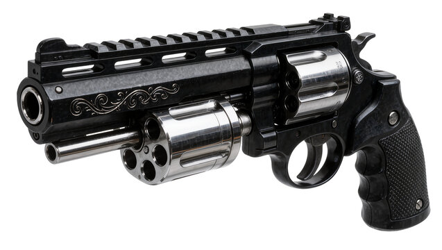 Black revolver handgun with ornate scrollwork, isolated on transparent background
