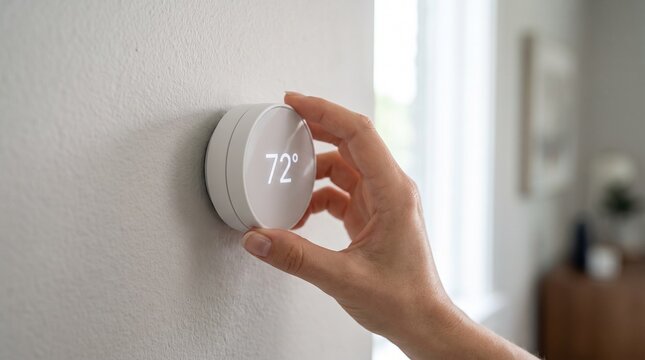 Person adjusting smart thermostat temperature on white wall at home
