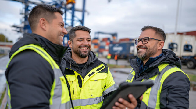 Port operations workers from diverse national backgrounds gather on a rain-swept container dock under heavy overcast clouds, reviewing cold storage IoT monitoring alerts on a shared rugged tablet, s