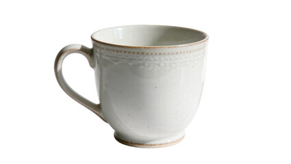 Rustic off-white ceramic mug with embossed rim detail, isolated on transparent background
