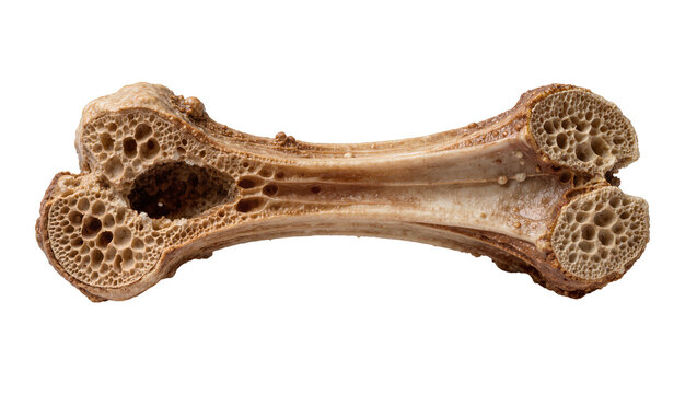 Dried animal bone with porous texture, isolated on transparent background