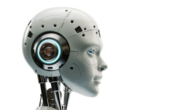 White humanoid robot head with blue glowing eye, isolated on transparent background