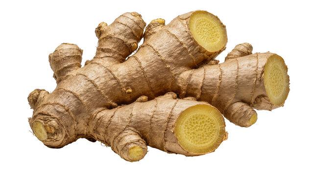 Raw ginger root with cut sections showing yellow flesh, isolated on transparent background
