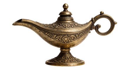 Antique ornate brass genie lamp with intricate floral patterns, isolated on transparent background © Veaceslav