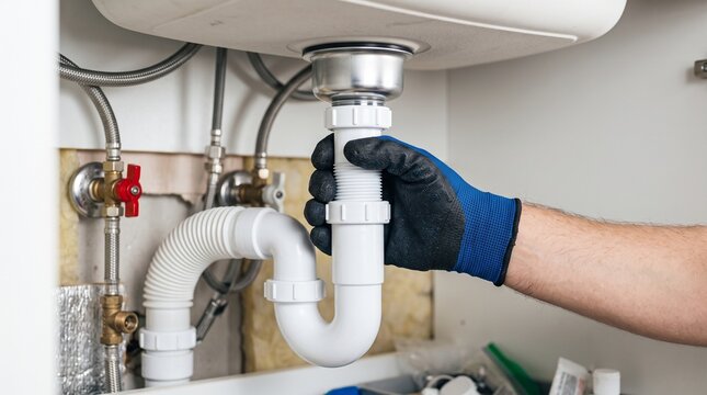 Plumber in blue gloves repairing white sink drain pipe under kitchen counter