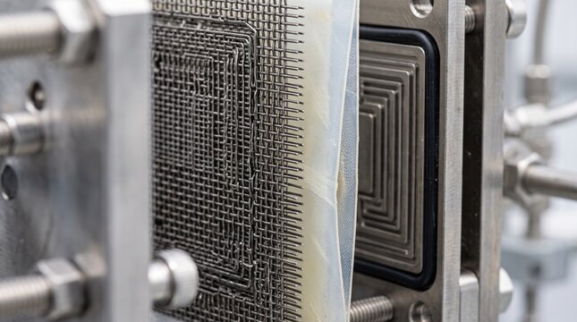 Industrial fuel cell stack disassembled showing plates and membrane inside