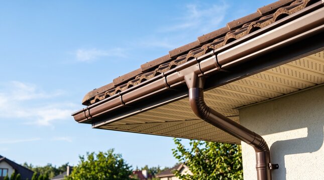 Brown plastic roof gutter system and downpipe on a residential house exterior