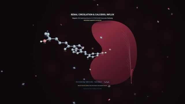 Renal hydroxylation of calcidiol to calcitriol educational animation showing vitamin D activation proximal tubule translocation cytochrome P450 enzyme calcium regulation and bone mineralization