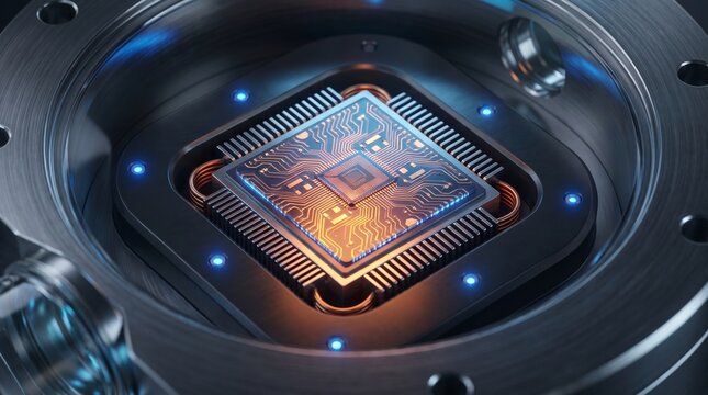 Close up of advanced quantum processor chip inside cryogenic container