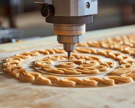 Close up shots of professional CNC router cnc machine engraving intricate artistic wood patterns