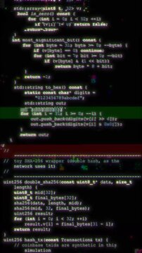 Program code scrolls vertically down dark screen with distortion effects. Colorful glitch artifacts interrupt programming text.