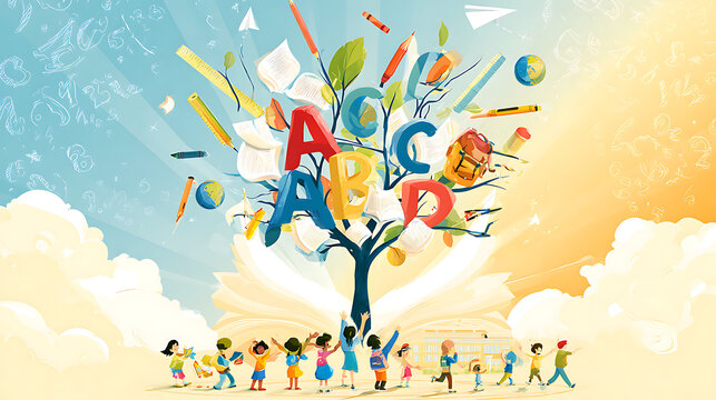 A cheerful "Back to School" web banner illustration featuring a whimsical tree growing out of an open book, its branches formed from colorful alphabet letters (A, B, C, D) and its leaves made of turni