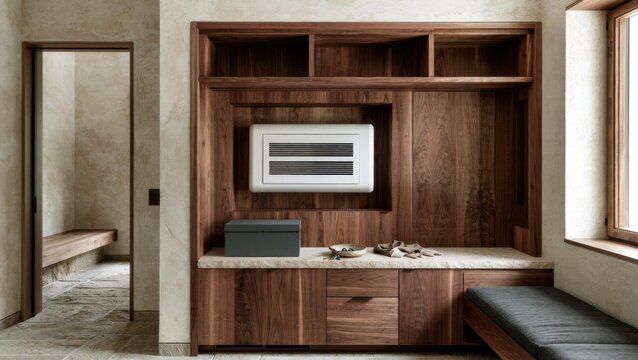 Entryway mudroom featuring a built-in wooden wall unit with storage compartments, marble countertop, and bench seating