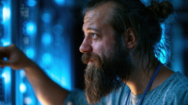 Bearded man with a man bun working in a blue-lit data center server room