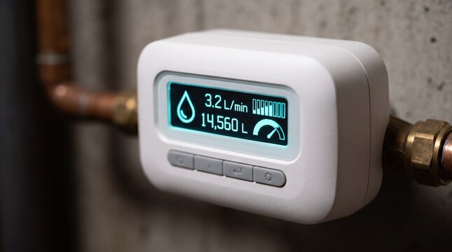 Digital water flow meter mounted on copper pipes near concrete wall