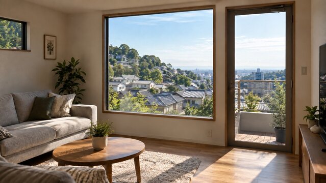 Japanese hillside living room overlooking neighborhood rooftops