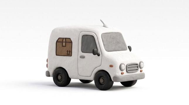 White claymation delivery van icon on plain background